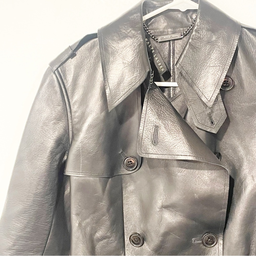 Ralph Lauren Size 2 Black Label Soft Lamb Leather Belted Short Trench Coat - Picture 3 of 8